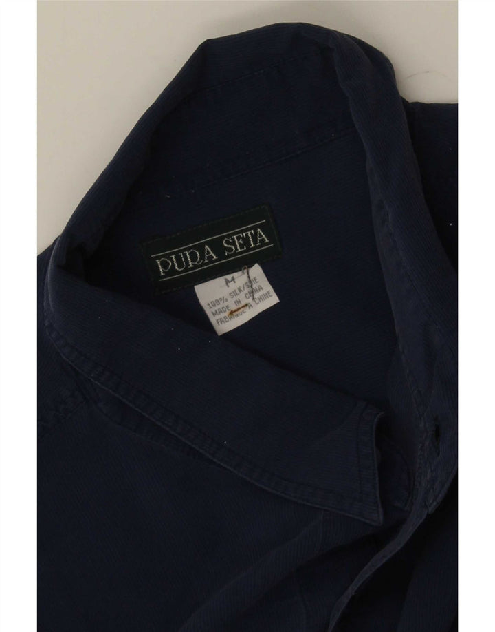 Camisa vintage para hombre de seda azul marino medio