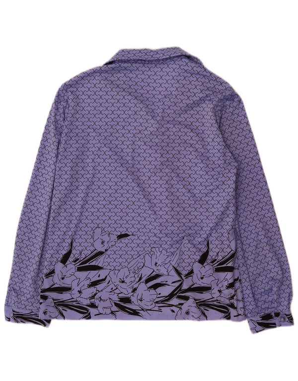 Vintage mujer camisa gráfica blusa Reino Unido 14 poliéster floral púrpura grande