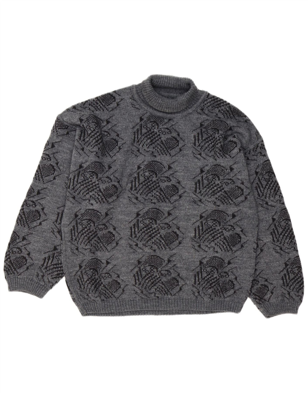 Vintage hombres patrón abstracto rollo cuello jersey suéter grande gris