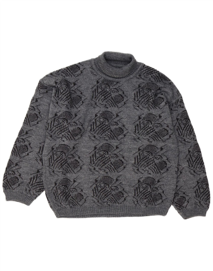 Vintage hombres patrón abstracto rollo cuello jersey suéter grande gris