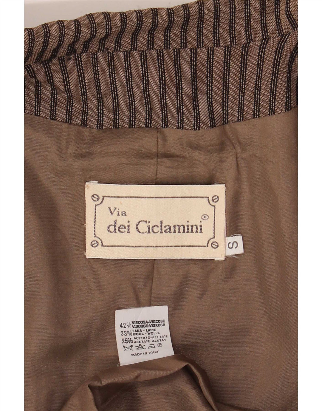Via Dei Ciclamini Chaqueta tipo blazer de 3 botones para mujer UK 10 Small Brown Stripes