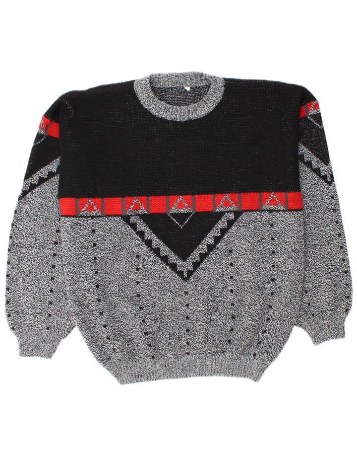 VINTAGE Hombres Crew Neck Jumper Suéter Grande Gris Colorblock