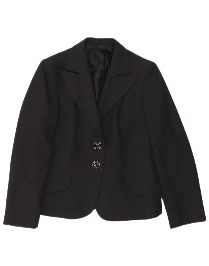 Vintage mujer 2 botones Blazer chaqueta Reino Unido 12 medio negro poliéster