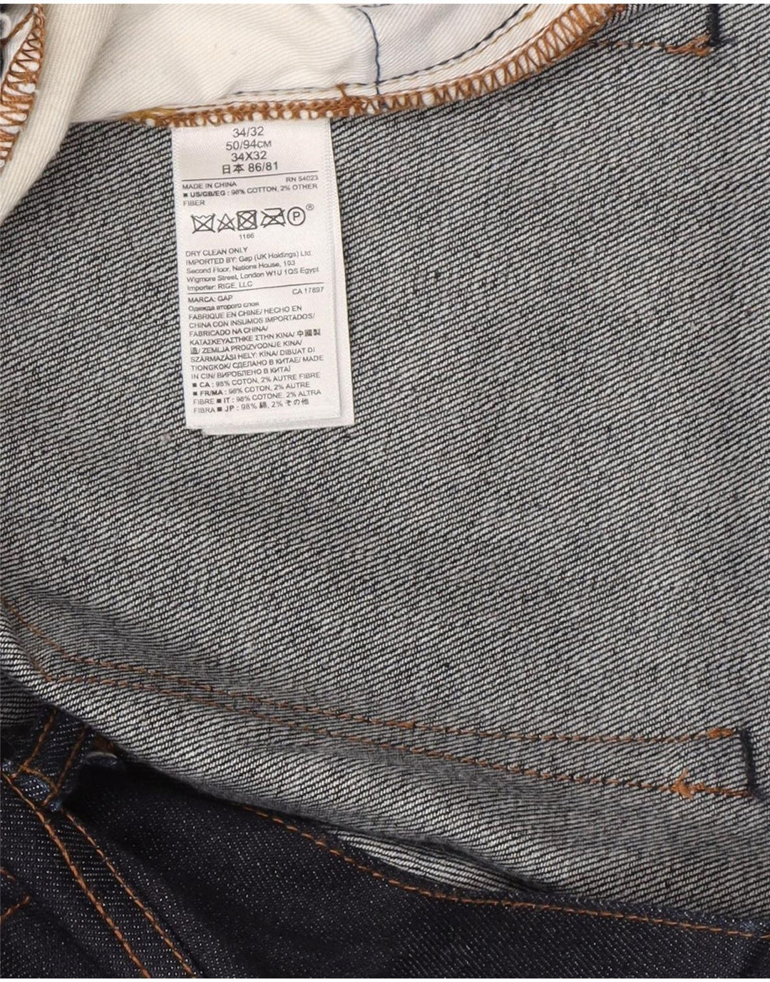 Vaqueros ajustados para hombre Gap W34 L32 Algodón azul marino