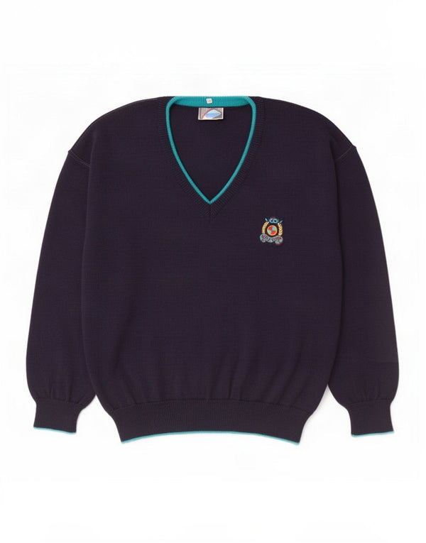 Vintage hombres V-cuello jumper suéter IT 50 lana azul marino medio
