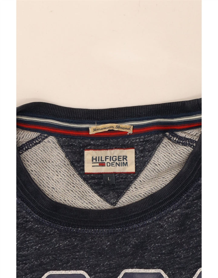 TOMMY HILFIGER Mens Graphic Sweatshirt Jumper Large Navy Blue Flecked Vintage Tommy Hilfiger and Second-Hand Tommy Hilfiger from Messina Hembry 