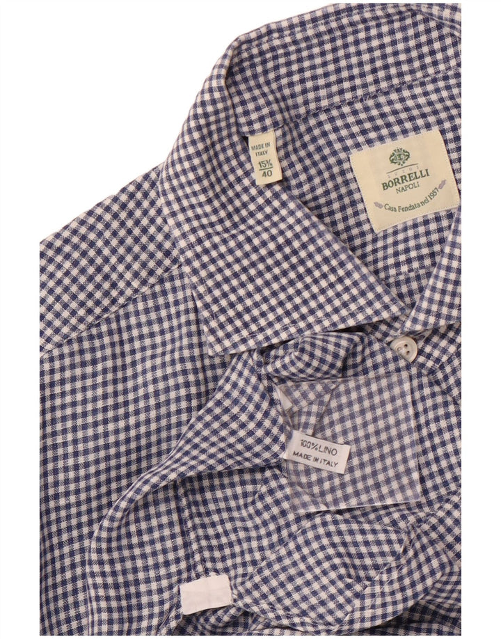 BORRELLI Camisa para hombre Talla 40 15 3/4 Algodón a cuadros azul medio