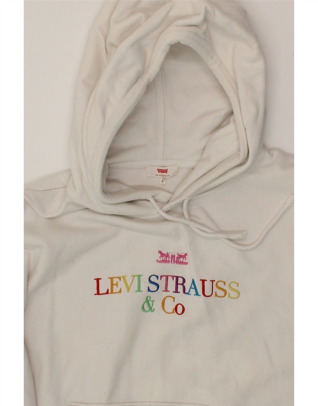 LEVI'S Womens Oversized Graphic Hoodie Jumper UK 10 Small White Vintage Levi's and Second-Hand Levi's from Messina Hembry 