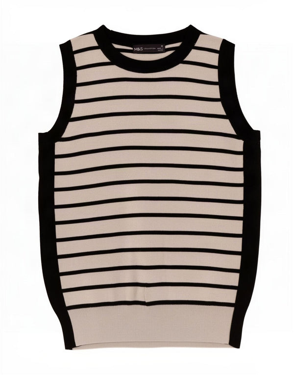 Marks & Spencer Womens Vest Tank Top UK 10 Small White Striped Viscose