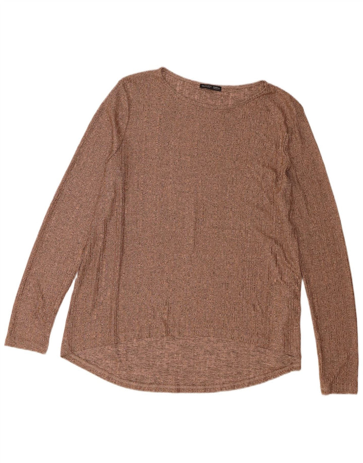 Zara Mujer Top Manga Larga UK 46 Grande Poliéster Marrón
