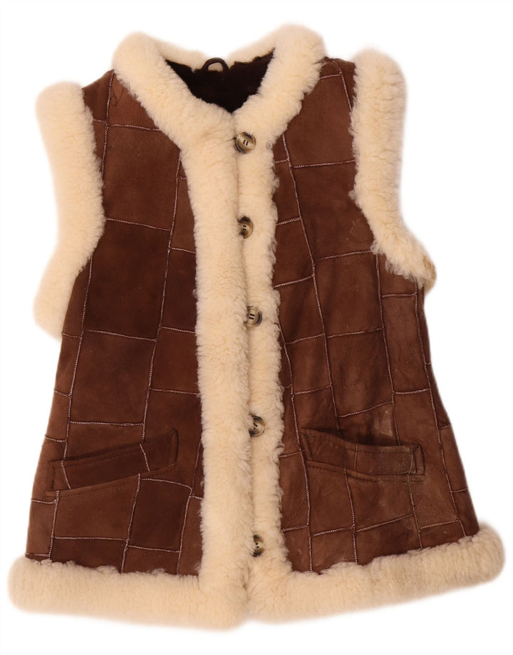 VINTAGE Mujer Shearling Gilet EU 36 Pequeño Marrón Patchwork Cuero