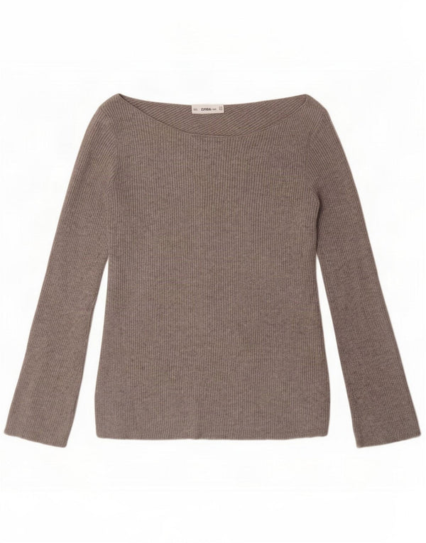 Zara Mujer Top Manga Larga UK 42 Viscosa Gris Medio