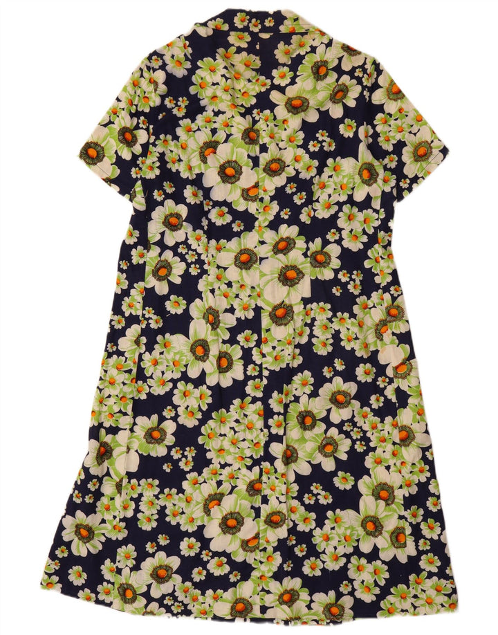 VINTAGE Vestido camisero de manga corta para mujer Reino Unido 12 Medio Azul Marino Floral