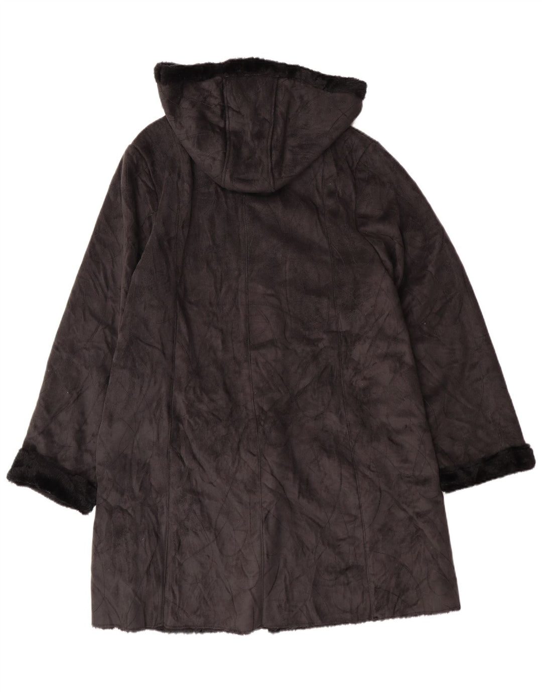 Vintage mujer con capucha Sherpa abrigo Reino Unido 16 poliéster negro grande