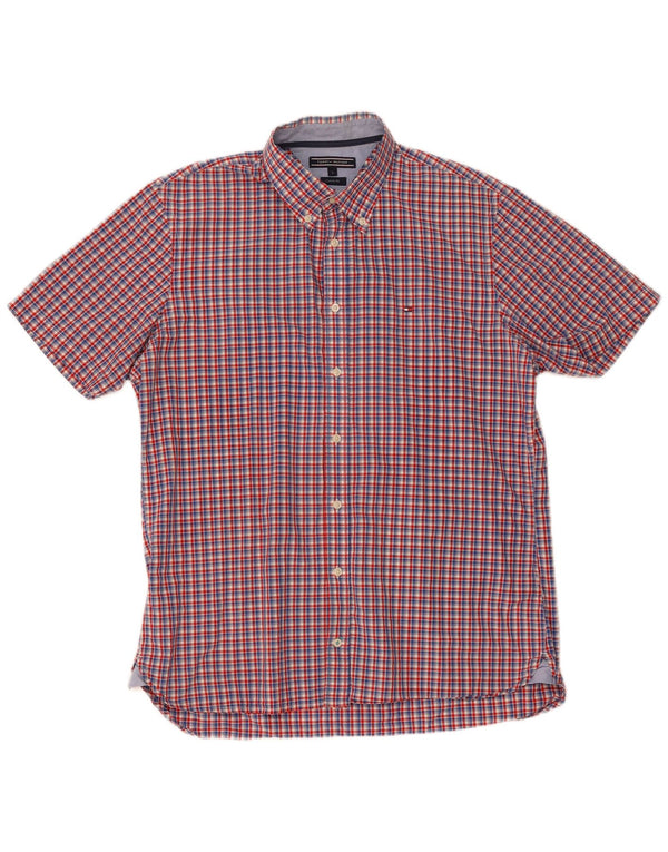 Tommy Hilfiger Camisa de manga corta para hombre con ajuste personalizado y algodón a cuadros rojos grandes