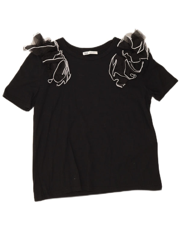 Zara Mujer Blusa Top Reino Unido 10 Pequeño Algodón Negro