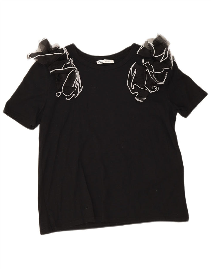Zara Mujer Blusa Top Reino Unido 10 Pequeño Algodón Negro