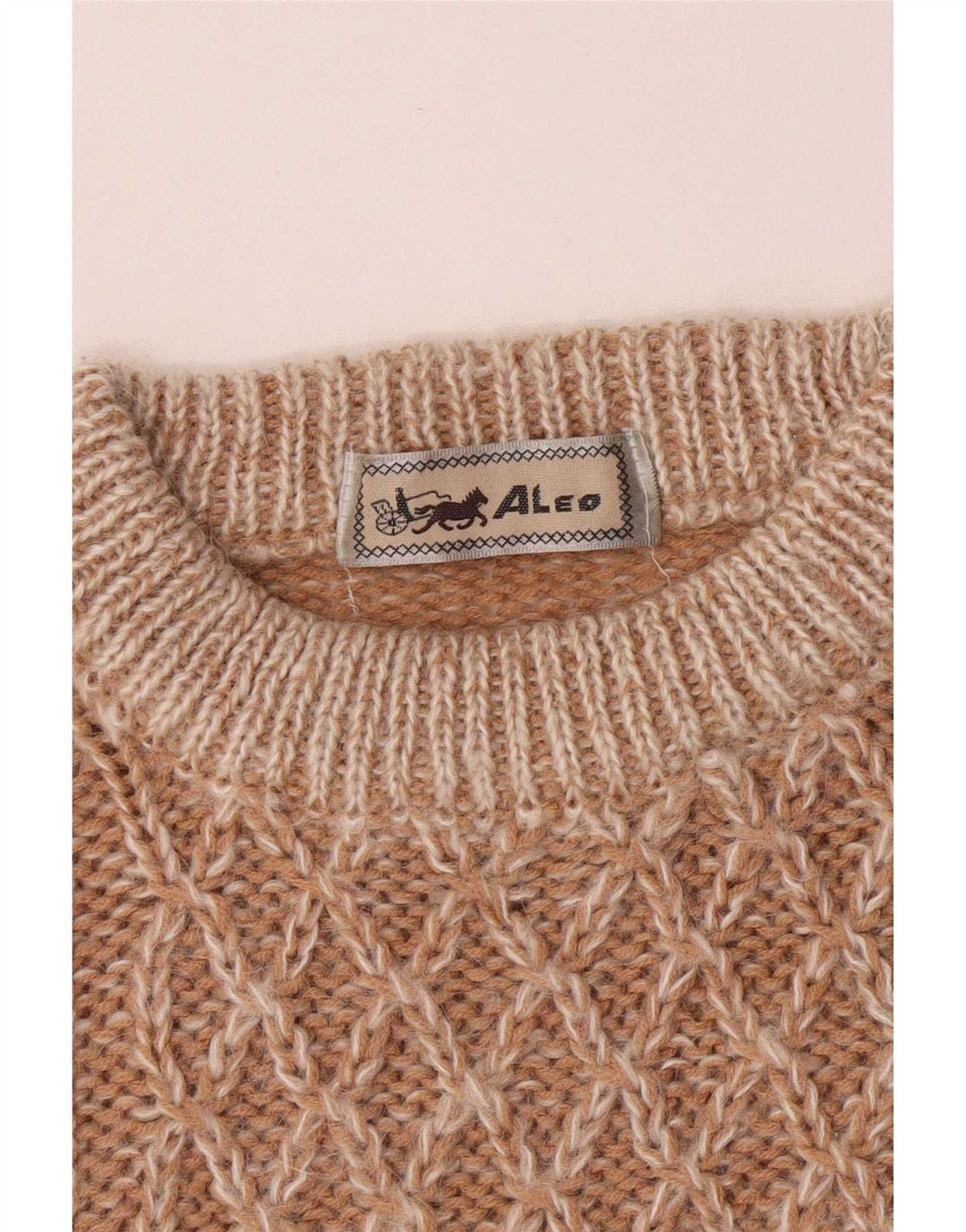Vintage hombres regular fit cuello redondo jersey suéter medio marrón geométrico