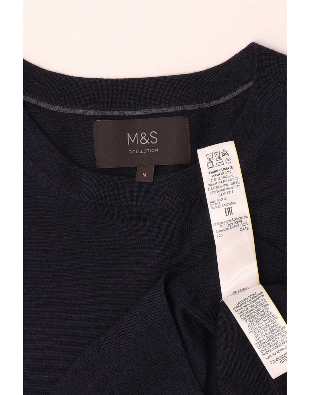 Marks & Spencer Jersey con Cuello Barco para Hombre Lana Merino Azul Marino Medio