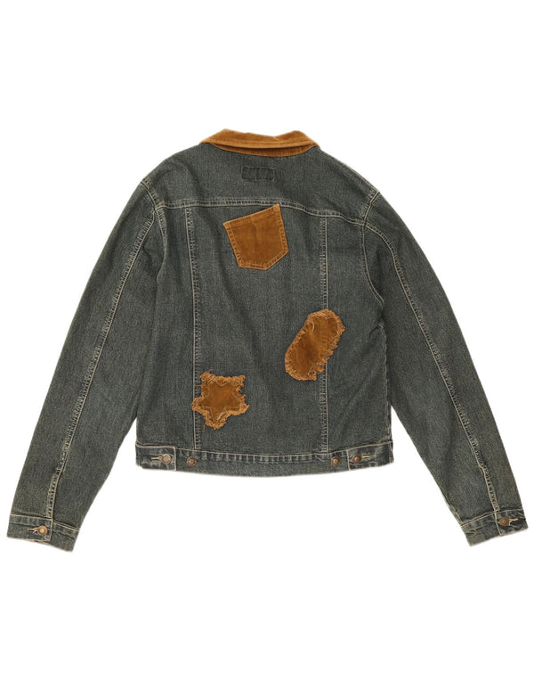 Vintage mujer chaqueta de mezclilla Reino Unido 12 azul medio colorblock algodón