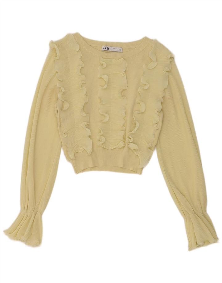 Zara Blusa corta de manga larga con volantes en la parte delantera para mujer UK 8 Small Yellow