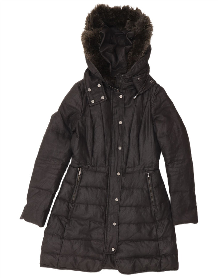 Zara Mujer Abrigo Acolchado Con Capucha UK 42 Mediano Negro Poliéster Invierno