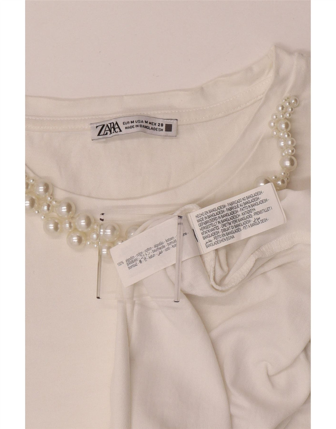 Zara Mujer Camiseta Top UK 44 Medio Blanco Algodón