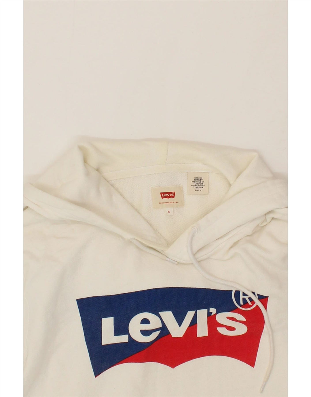 LEVI'S Mens Graphic Hoodie Jumper Small White Cotton Vintage Levi's and Second-Hand Levi's from Messina Hembry 