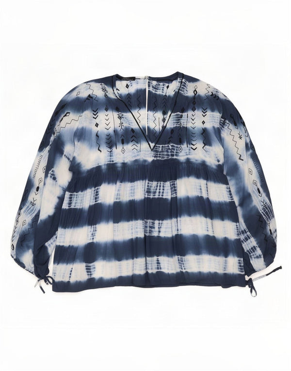 Vintage mujer manga larga blusa Top Tamaño 1 UK18 XL Azul Marino Tie Dye