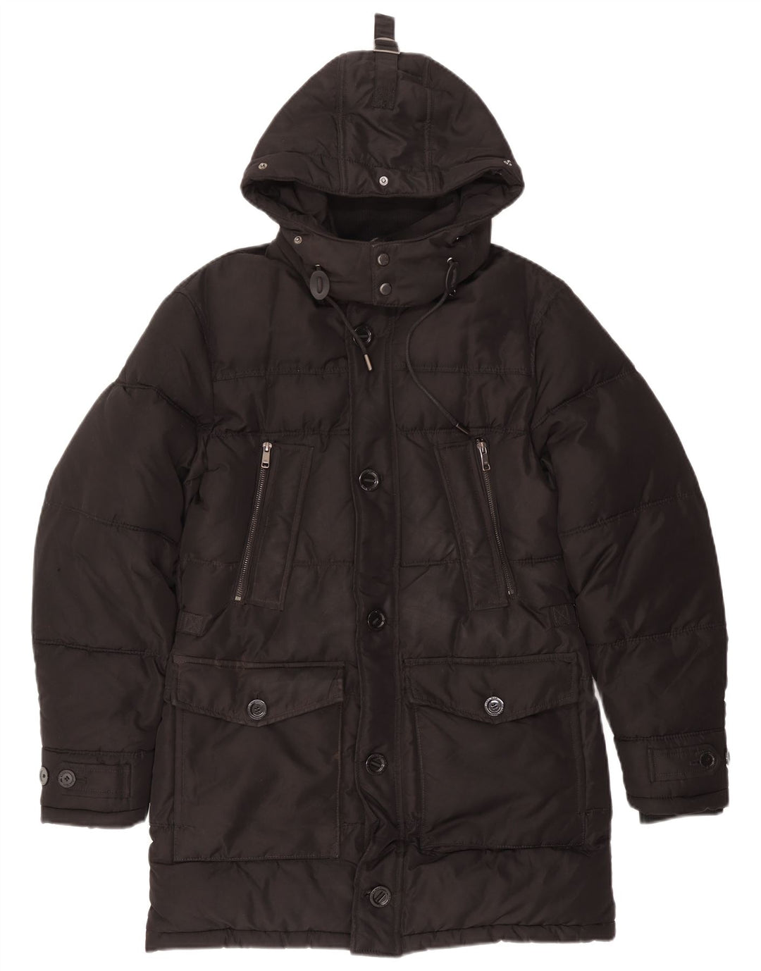 Zara Mens Abrigo acolchado con capucha UK 36 Small Poliéster negro