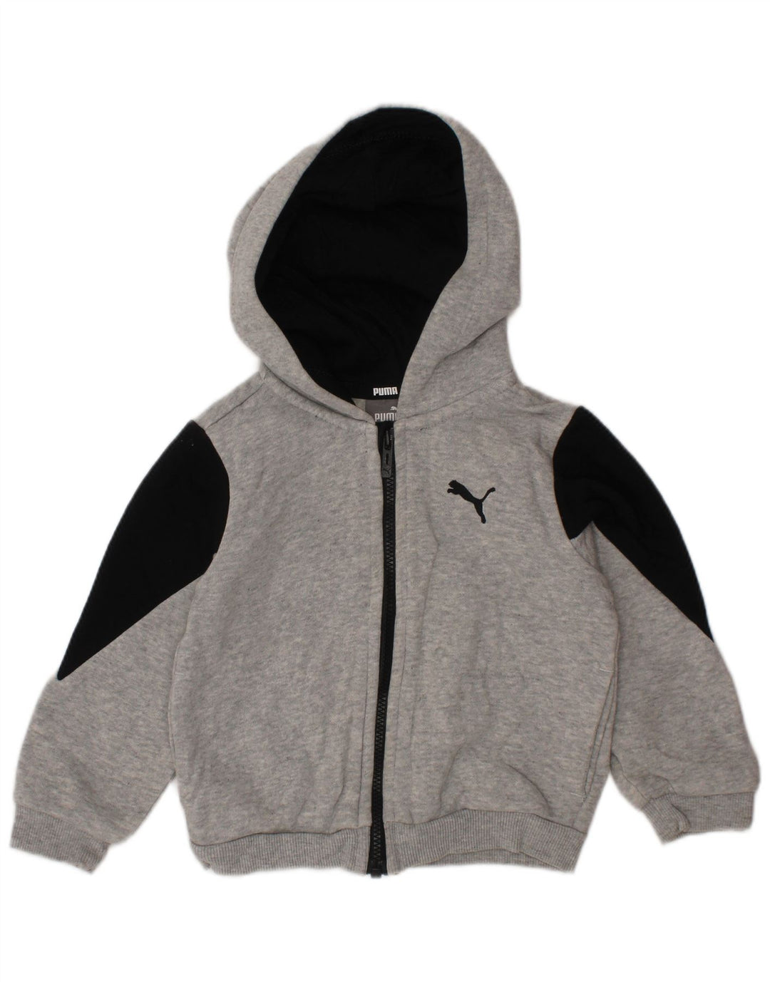 PUMA Sudadera con capucha y cremallera para bebés de 9 a 12 meses, algodón gris con bloques de color
