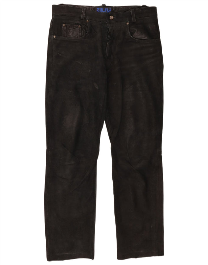 Pantalones de cuero rectos vintage para hombre W37 L30 Negro