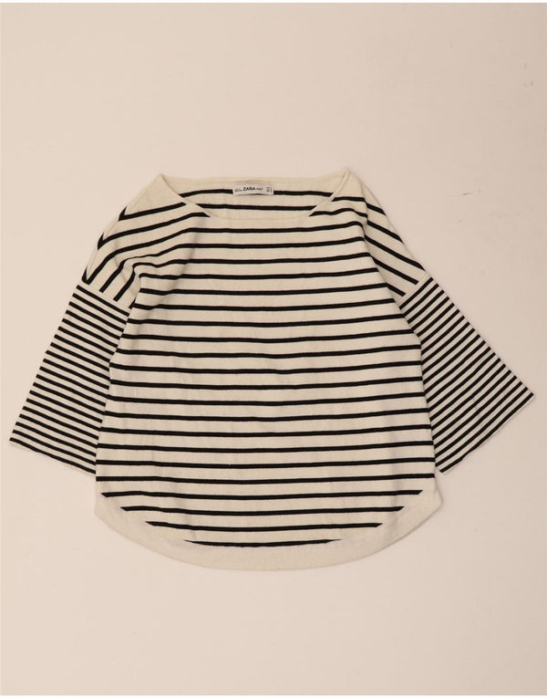 Zara Mujer Top Manga 3/4 UK 42 Medio Blanco Rayas Viscosa Náutico