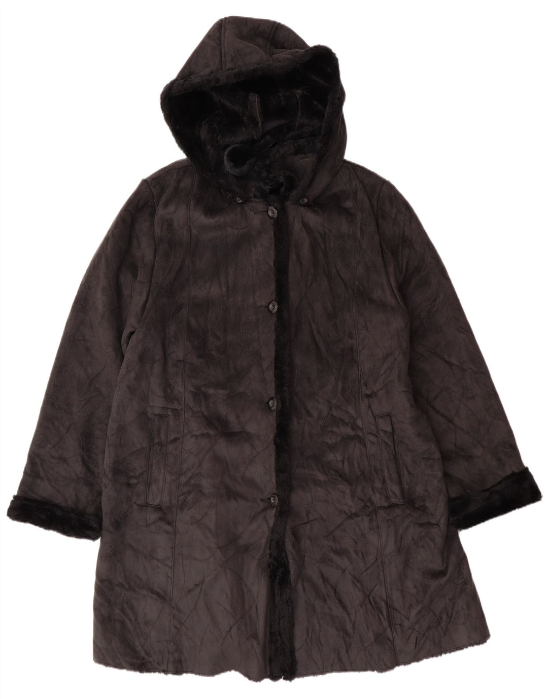 Vintage mujer con capucha Sherpa abrigo Reino Unido 16 poliéster negro grande