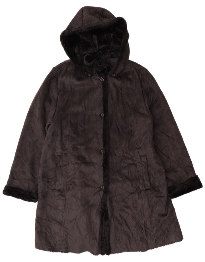 Vintage mujer con capucha Sherpa abrigo Reino Unido 16 poliéster negro grande
