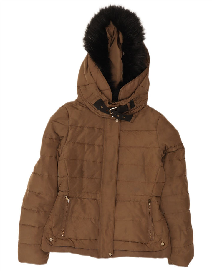 Zara Mujer Chaqueta Acolchada Con Capucha UK 44 Marrón Medio