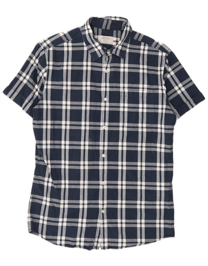 Jack & Jones Hombre Camisa Manga Corta Medium Azul Marino Cuadros Algodón