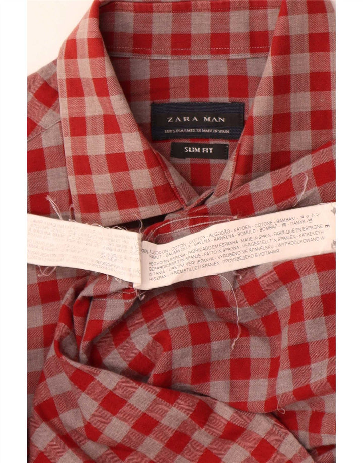 Zara Hombre Camisa Slim Fit Algodón Vichy Rojo Pequeño