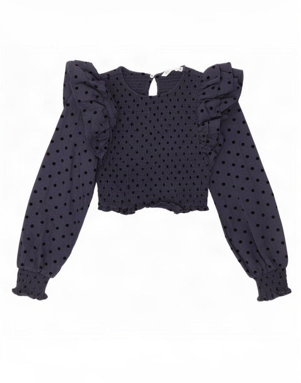 Zara Mujer Crop Blusa Top UK 4 XS Azul Marino Lunares Algodón