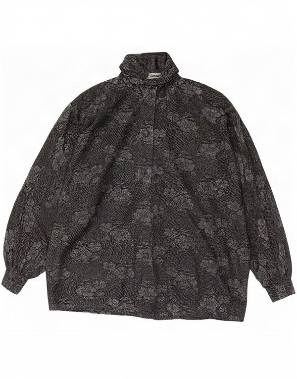 Vintage mujeres ver a través de blusa de manga larga Top UK 18 XL Negro Floral