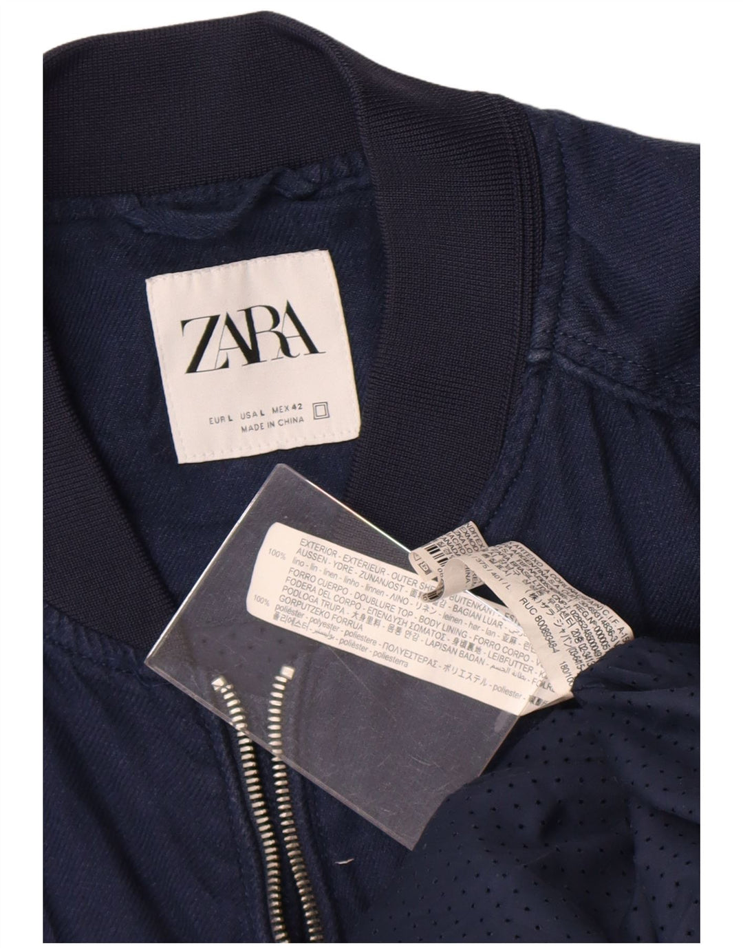 Zara Mens Bomber Jacket UK 40 Large Lino Azul Marino