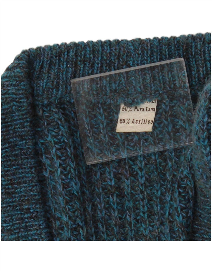 Vintage hombres regular fit V-cuello jumper suéter medio azul moteado lana