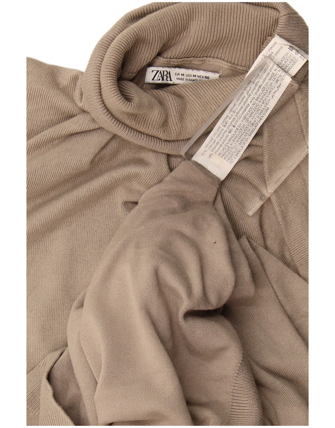 Zara Jersey con cuello vuelto para mujer, talla 44, viscosa beige mediana
