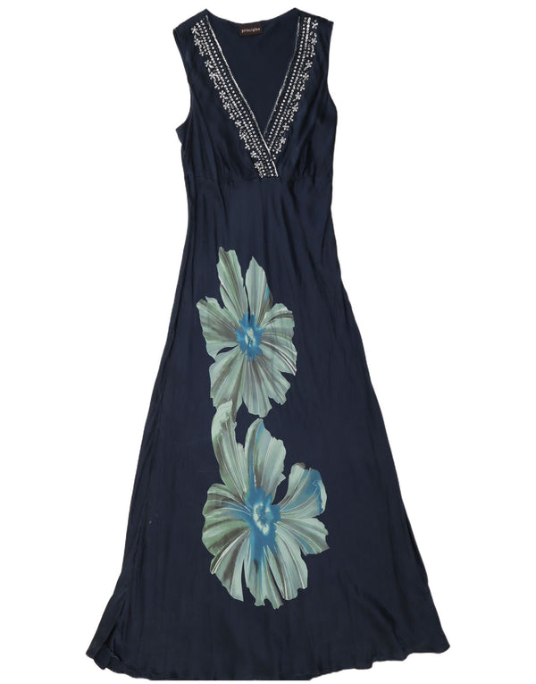 Principios Vestido largo sin mangas para mujer UK 44 Grande Seda floral azul marino