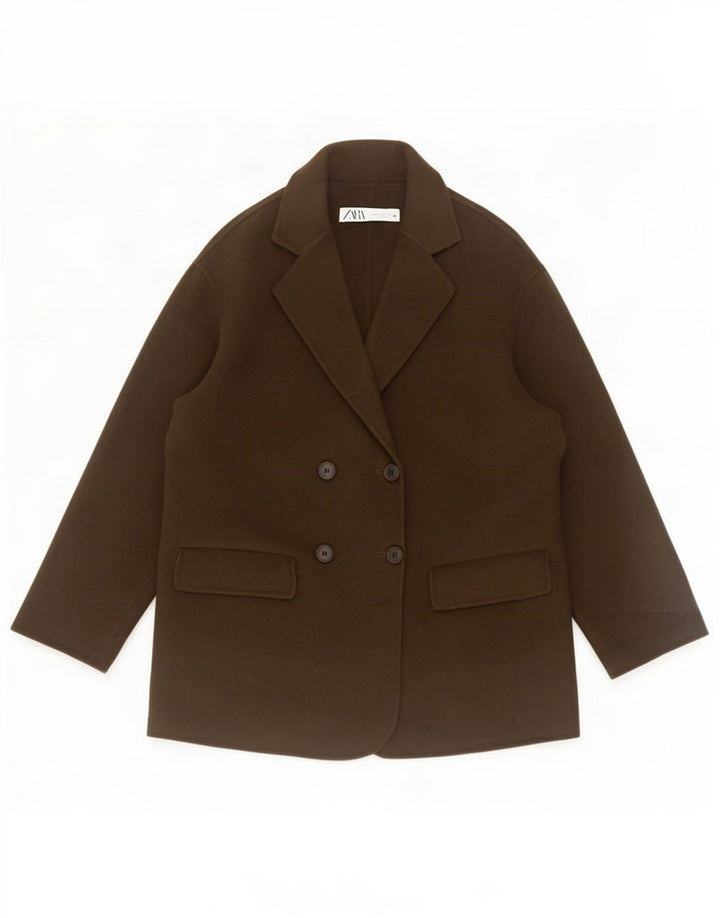 Zara Mujer Chaqueta Blazer Extragrande De Doble Botonadura UK 10 Small Lana Caqui