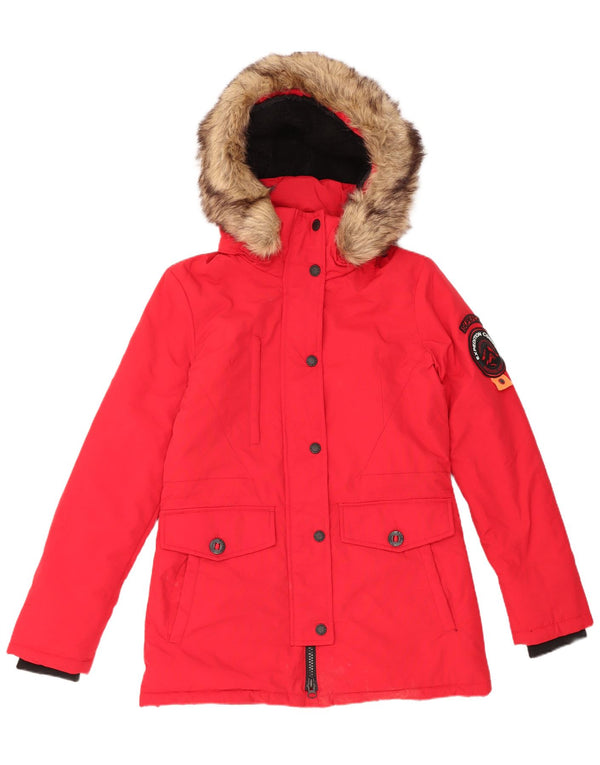 Superdry Parka extragrande con capucha para mujer, talla 40, nailon rojo pequeño