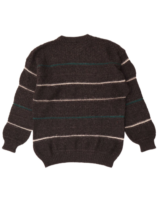 Vintage hombres cuello redondo jersey suéter medio gris rayas lana