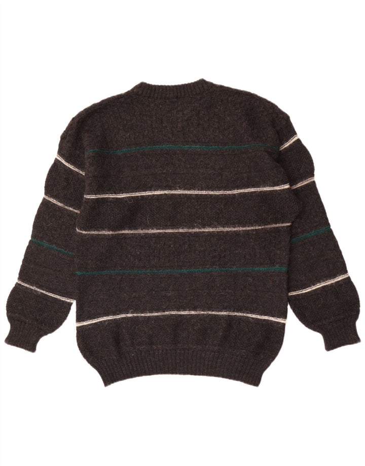 Vintage hombres cuello redondo jersey suéter medio gris rayas lana