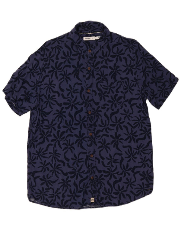 Vintage hombres camisa de manga corta grande azul marino floral viscosa