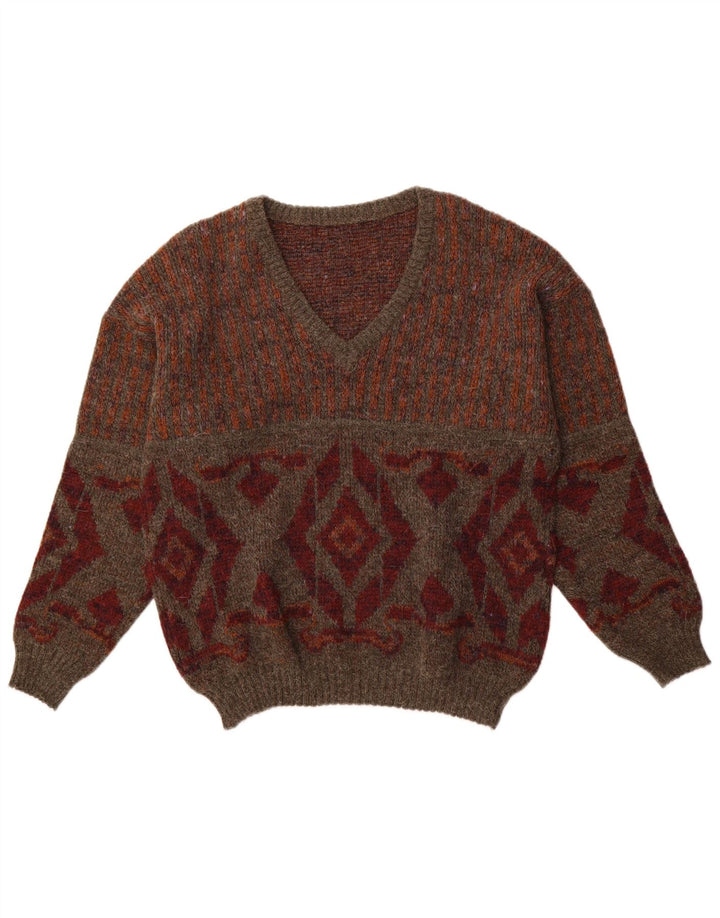 VINTAGE Jersey con cuello en V para hombre IT 48 Marrón medio Argyle/Diamante
